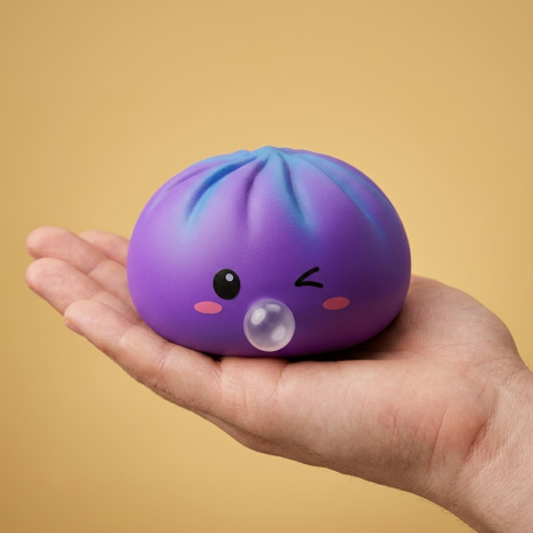 Dumpling Squishy Purple Rare Blow Kosminen Violetti kädessä, todellinen koko