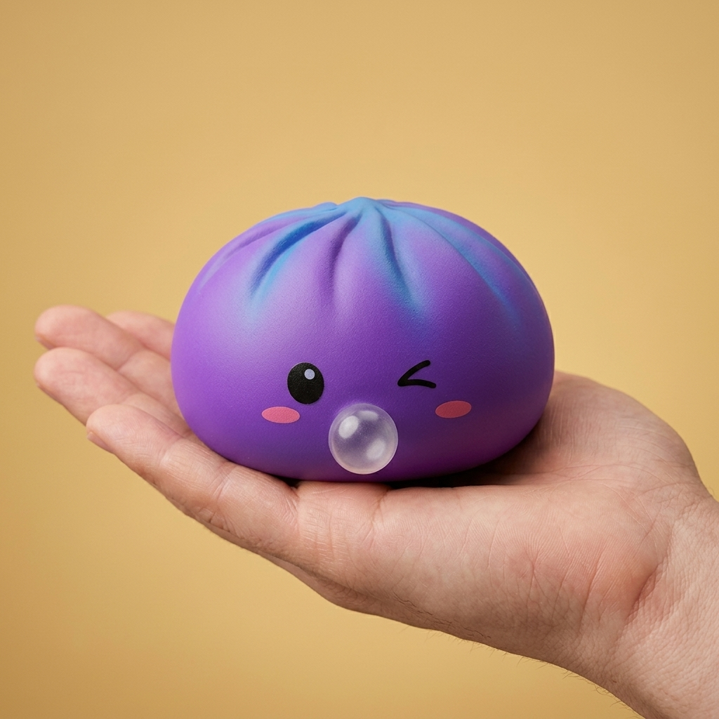 Dumpling Squishy Purple Rare Blow Kosminen Violetti kädessä, todellinen koko