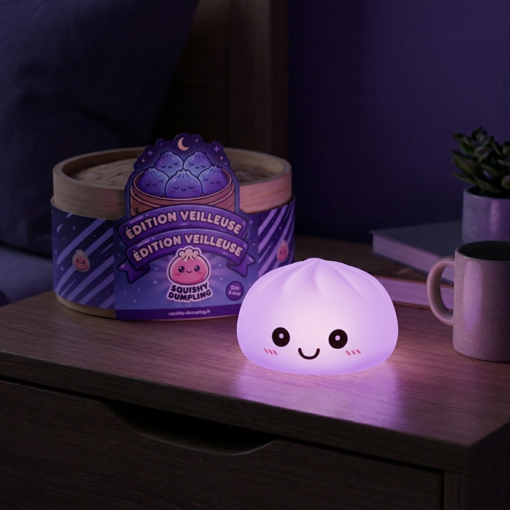 Dumpling Squishy Yövalo Violetti tunnelmakuvassa työpöydällä