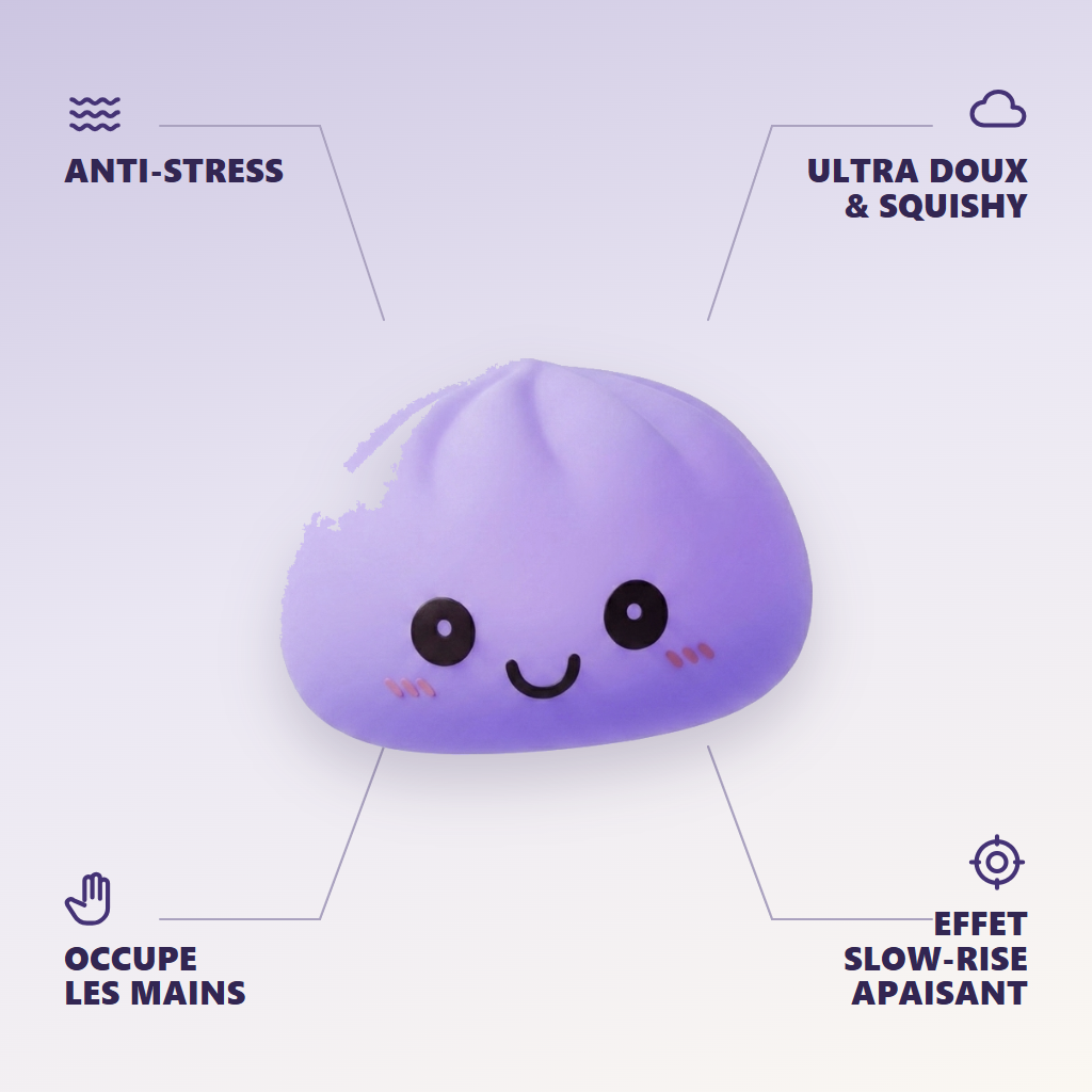 Dumpling Squishy Yövalo Violetti — antistress, ultrapehmeä, slow-rise