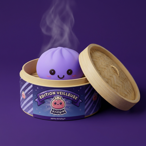 Dumpling Squishy Yövalo Violetti bambutyylisessä höyrykorirasiassaan