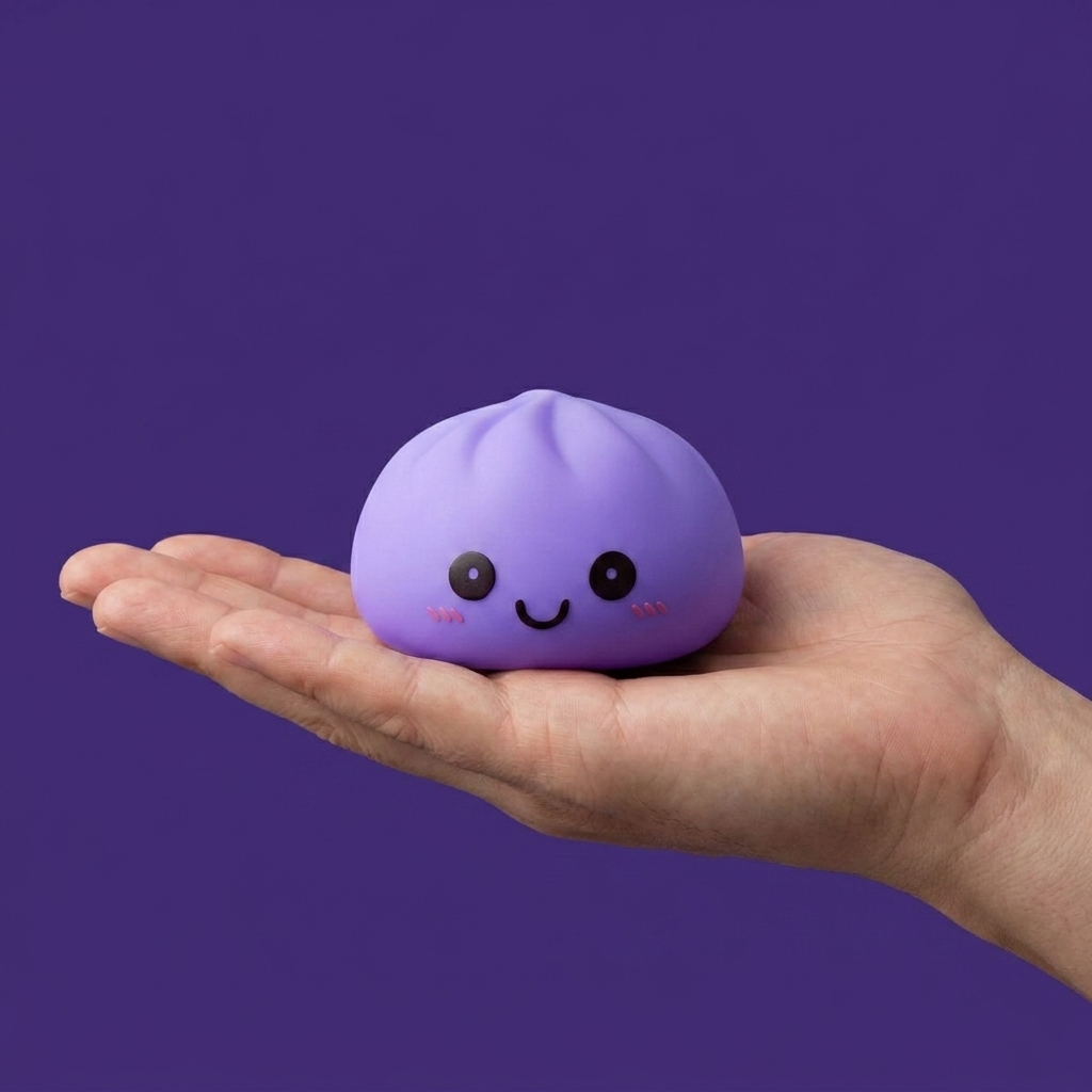 Dumpling Squishy Yövalo Violetti kädessä, todellinen koko