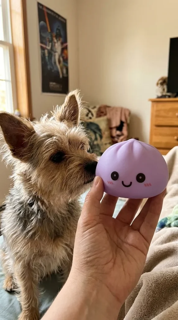 Dumpling Squishy Yövalo Violetti ja lemmikki — asiakaskuva