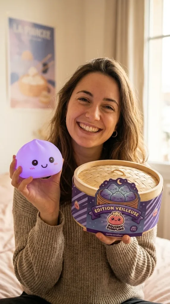 Dumpling Squishy Yövalo Violetti ja bambutyylinen höyrykori — asiakaskuva