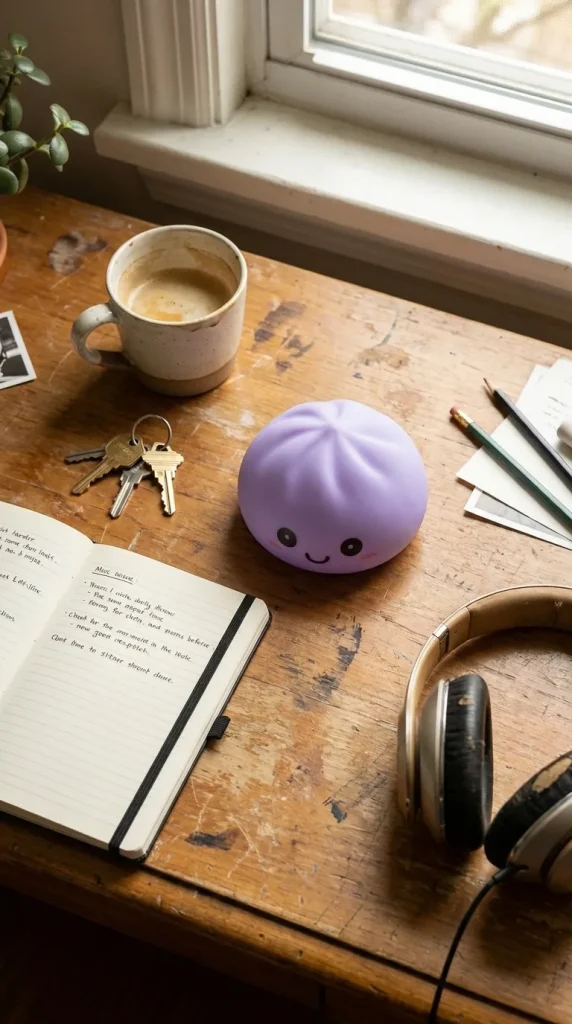 Dumpling Squishy Yövalo Violetti työpöydällä — asiakaskuva