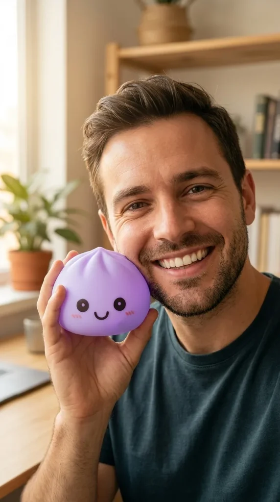 Dumpling Squishy Yövalo Violetti kasvojen lähellä — asiakaskuva