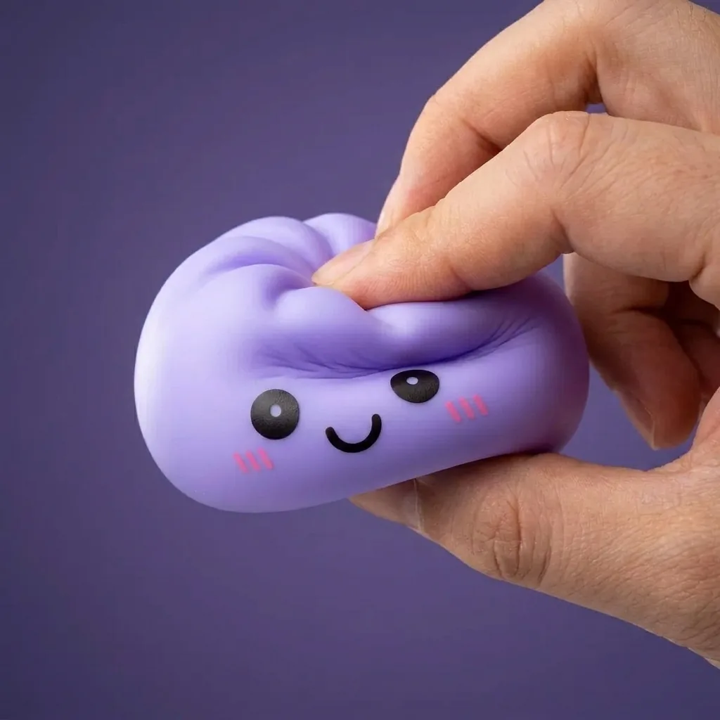 Dumpling Squishy Yövalo Violetti sormien välissä — asiakaskuva