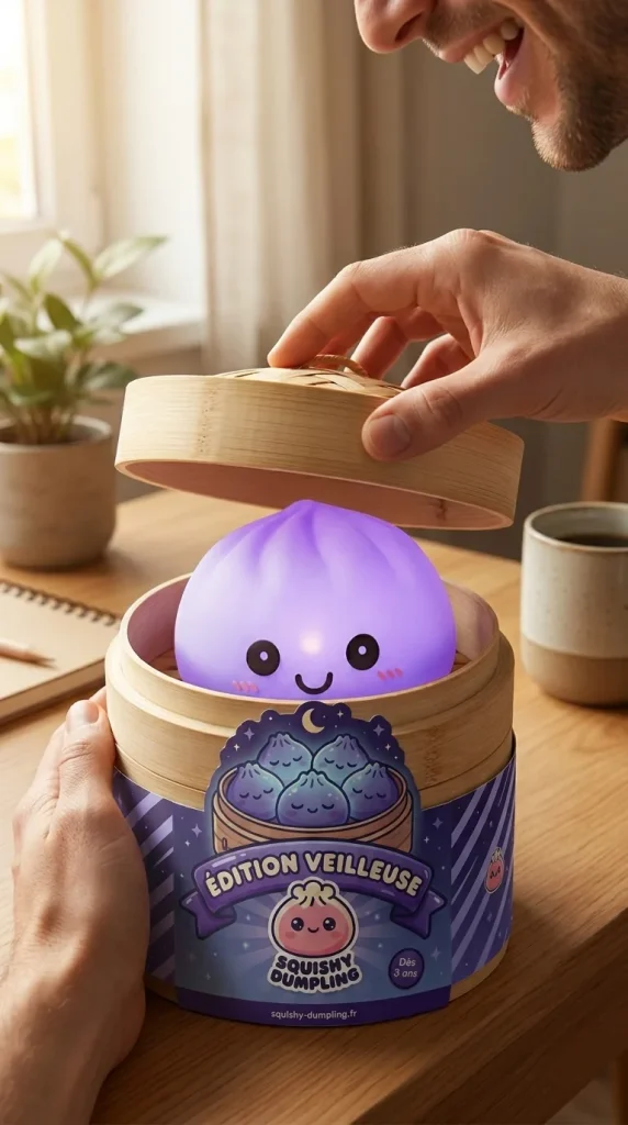 Dumpling Squishy Yövalo Violetti — unboxing, asiakaskuva