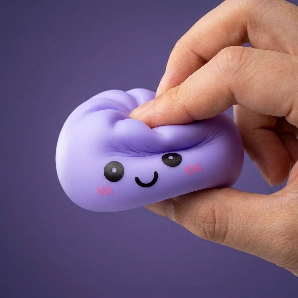 Dumpling Squishy Yövalo Violetti puristettuna kädessä, squishy-materiaali