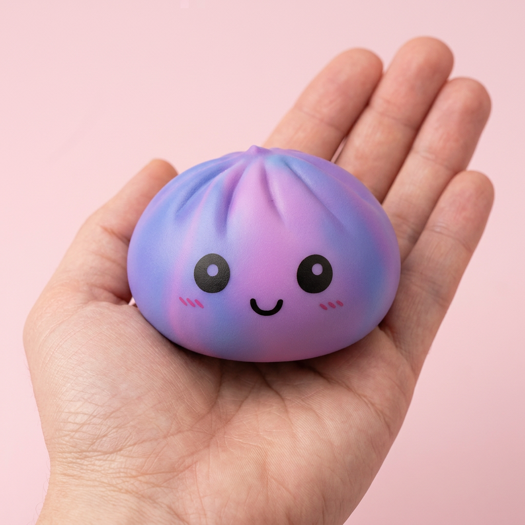 Dumpling Squishy Tie-Dye Violetti kädessä — kokovertailu
