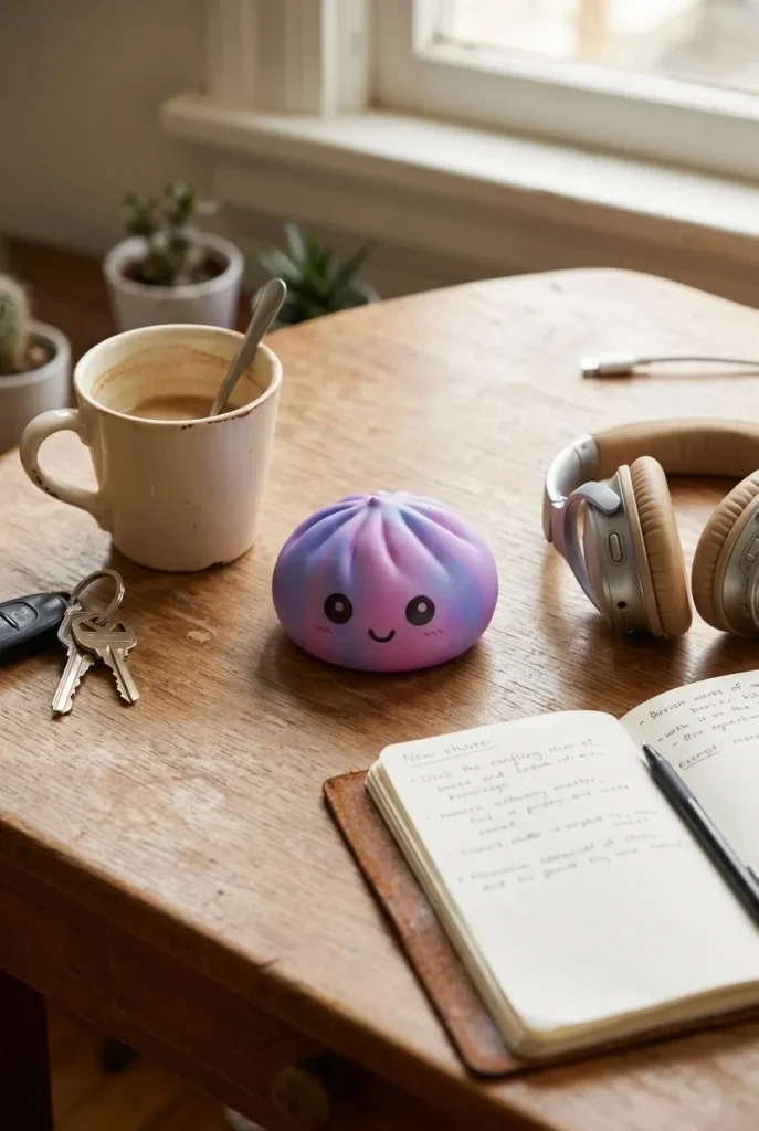 Dumpling Squishy Tie-Dye Violetti työpöydällä