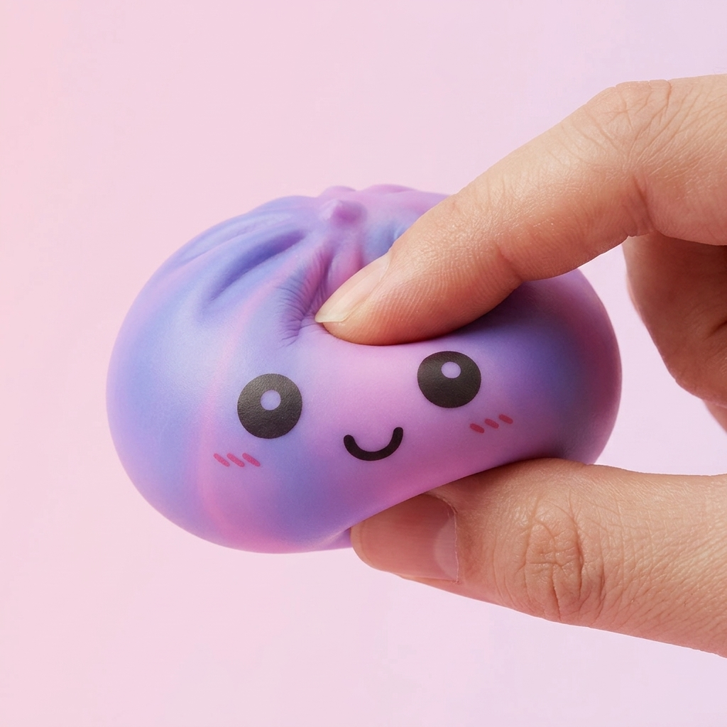 Dumpling Squishy Tie-Dye Violetti puristettuna kädessä