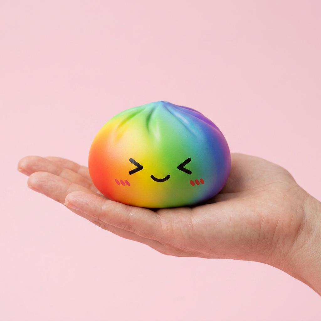 Rainbow Dumpling Squishy Sateenkaarikuvio kädessä — kokovertailu