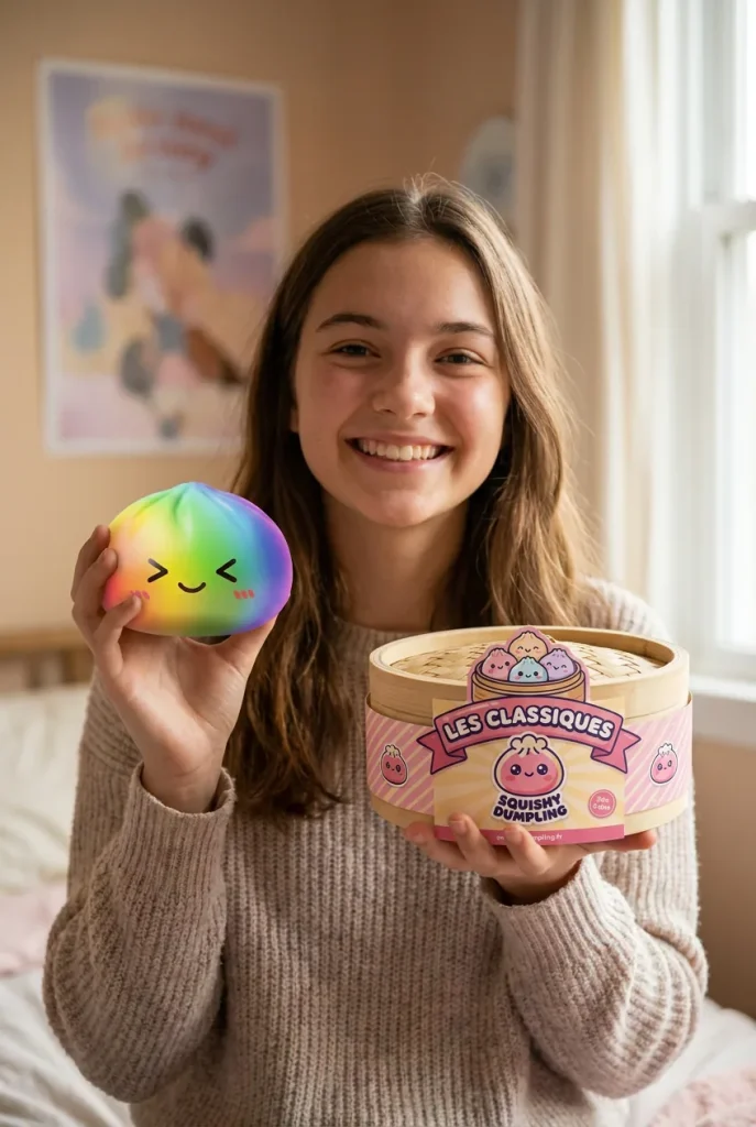 Rainbow Dumpling Squishy Sateenkaarikuvio pakkauksensa kanssa