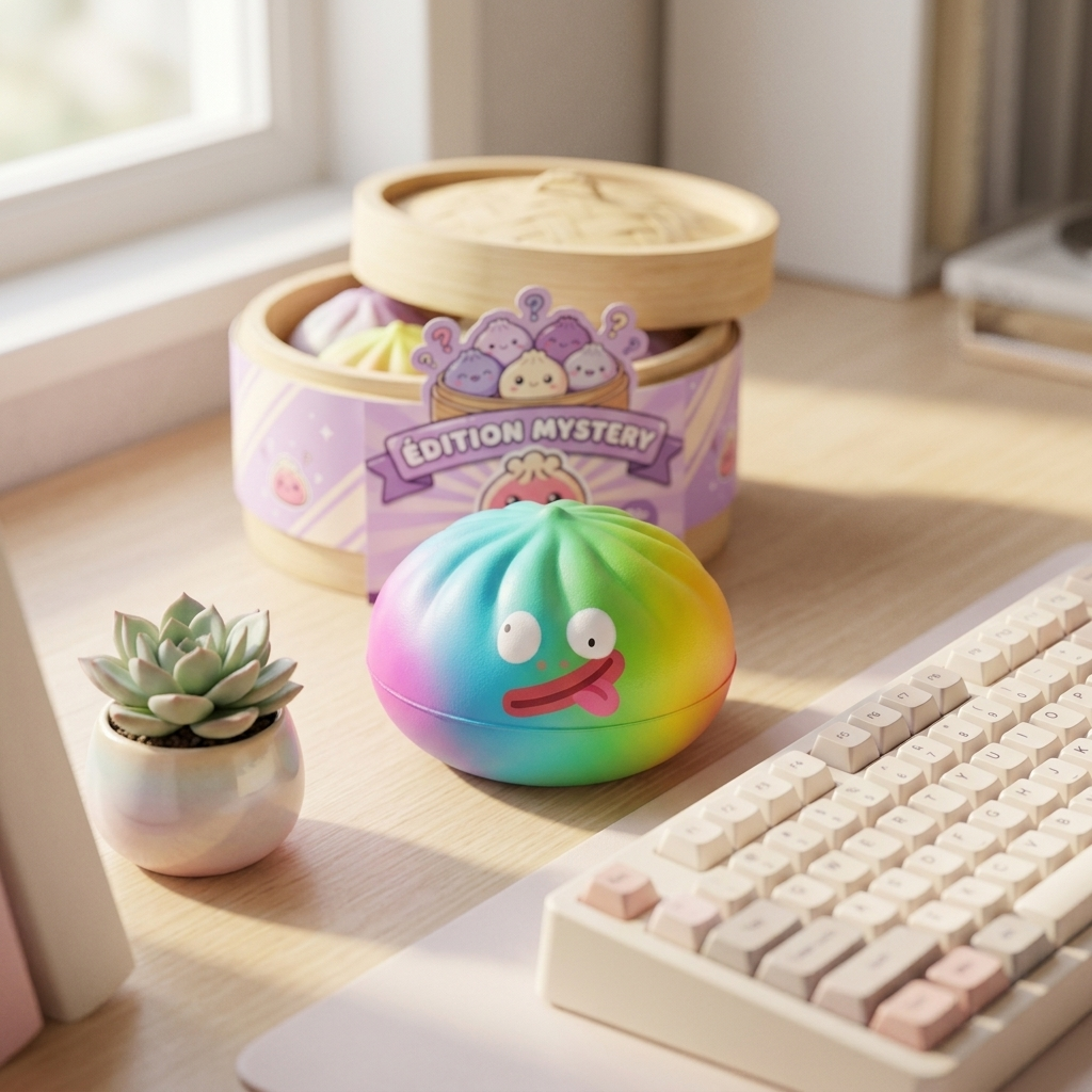 Rainbow Mystery Dumpling Squishy Yllätyspakkaus arkisessa asetelmassa