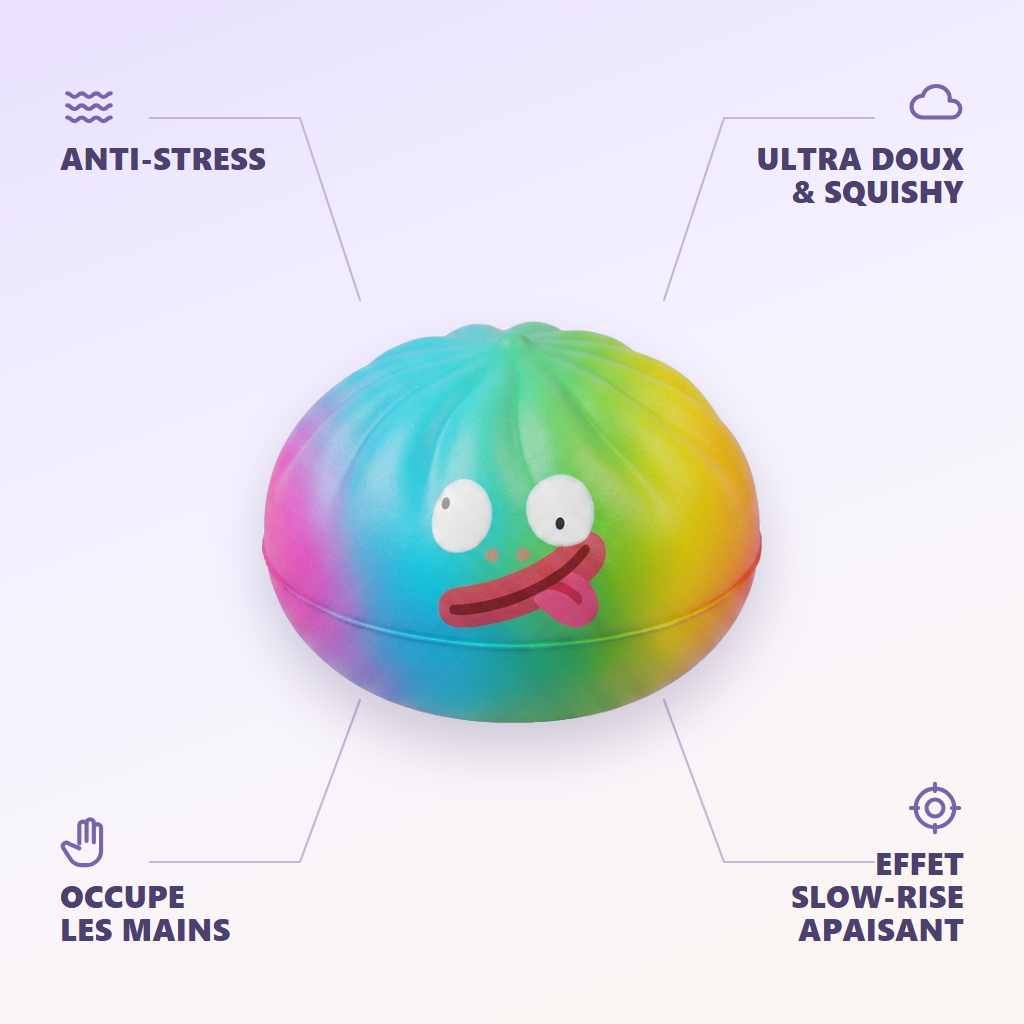 Rainbow Mystery Dumpling Squishy Yllätyspakkaus infografiikka: tärkeimmät edut