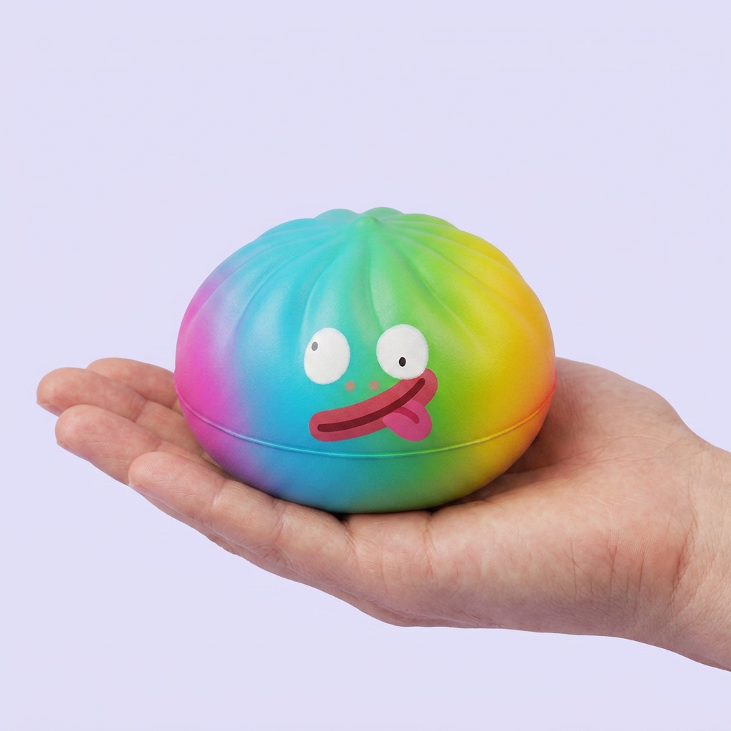 Rainbow Mystery Dumpling Squishy Yllätyspakkaus kädessä — kokovertailu