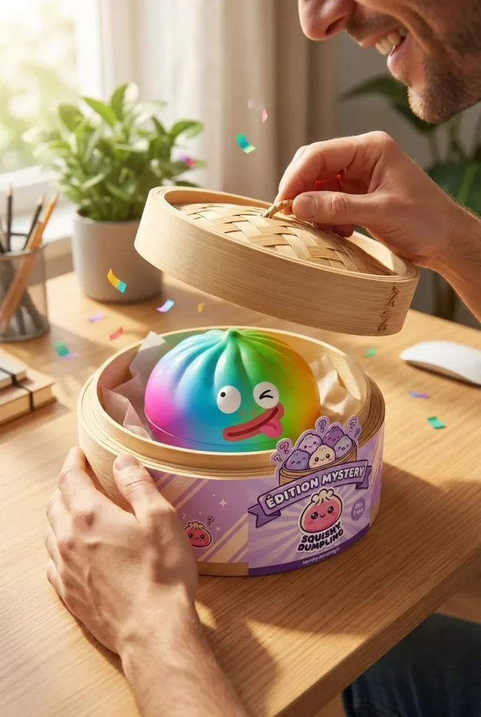 Rainbow Mystery Dumpling Squishy Yllätyspakkaus avauksen hetkellä