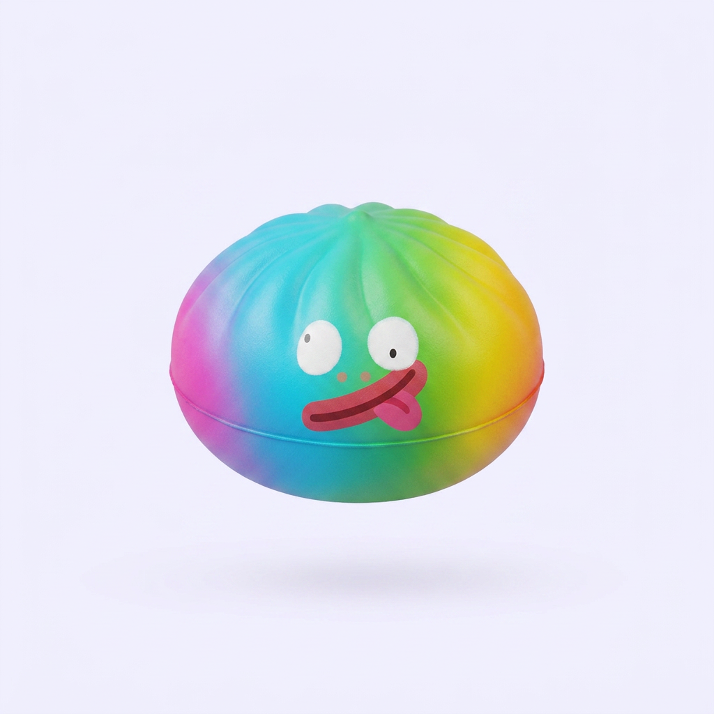 Rainbow Mystery Dumpling Squishy Yllätyspakkaus puristettuna kädessä