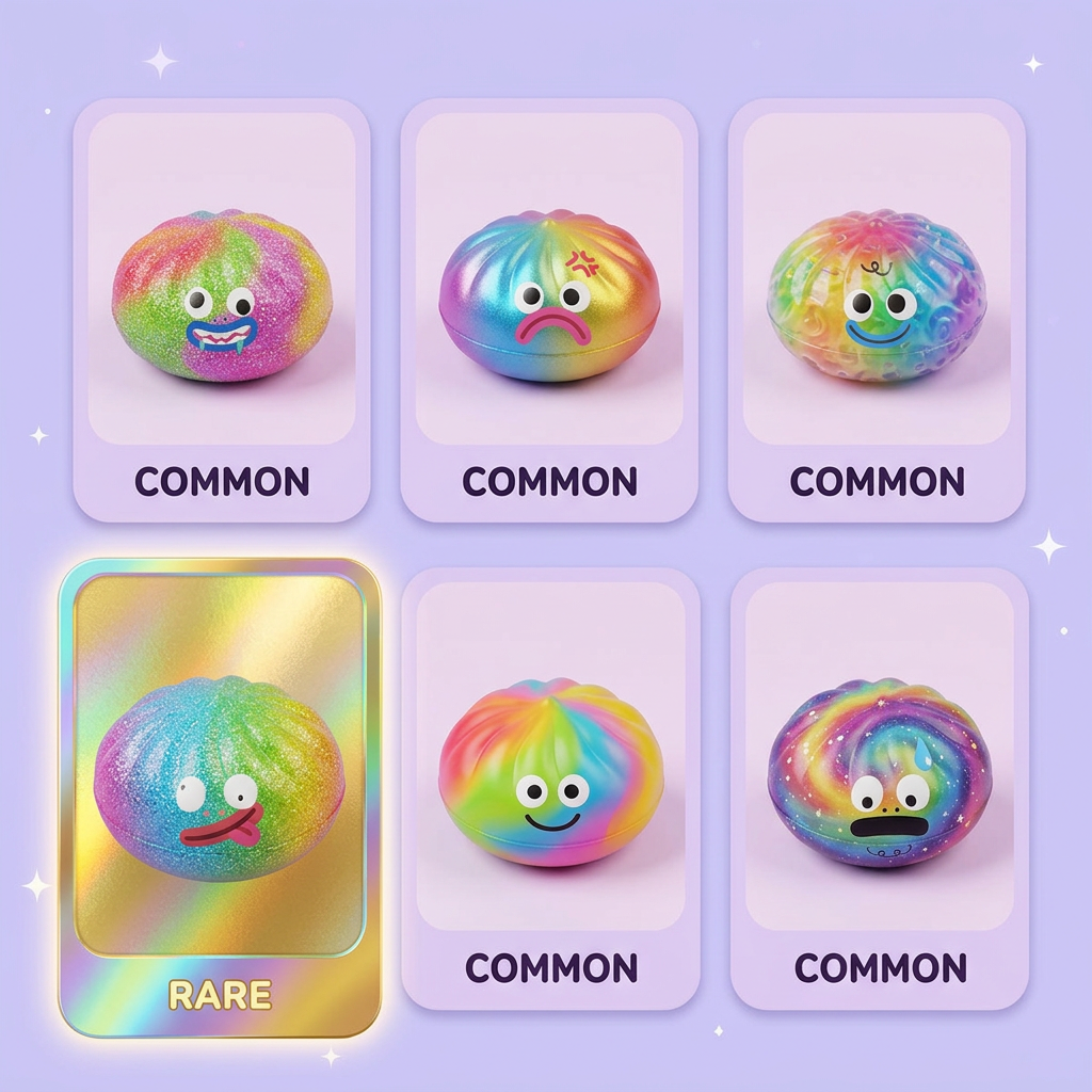 Rainbow Mystery Dumpling Squishy Yllätyspakkaus puristettuna kädessä