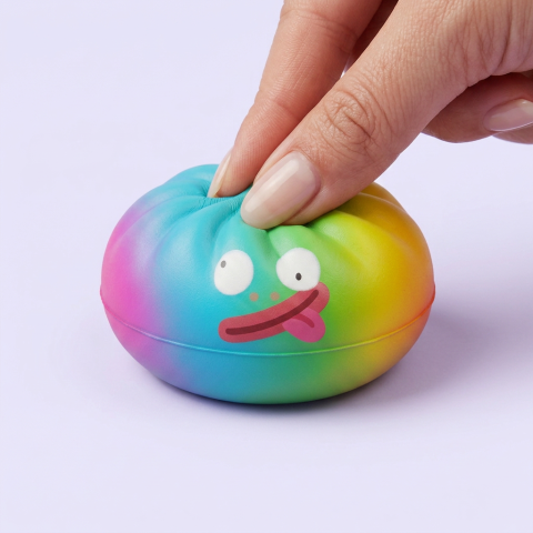 Rainbow Mystery Dumpling Squishy Yllätyspakkaus puristettuna kädessä