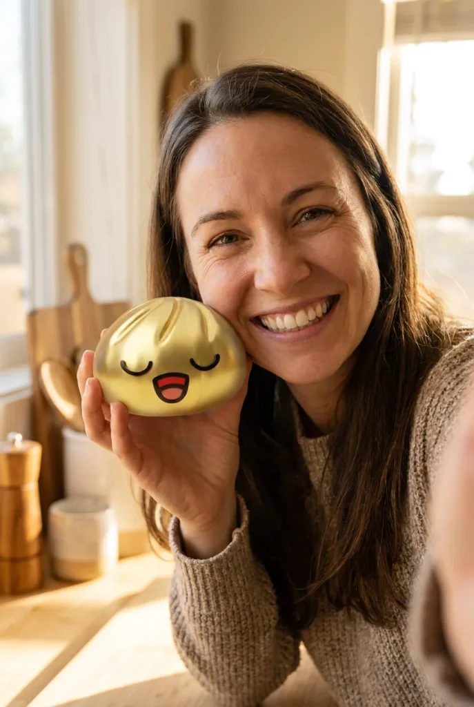 Rare Dumpling Squishy Kulta-aarre kasvojen lähellä — asiakaskuva