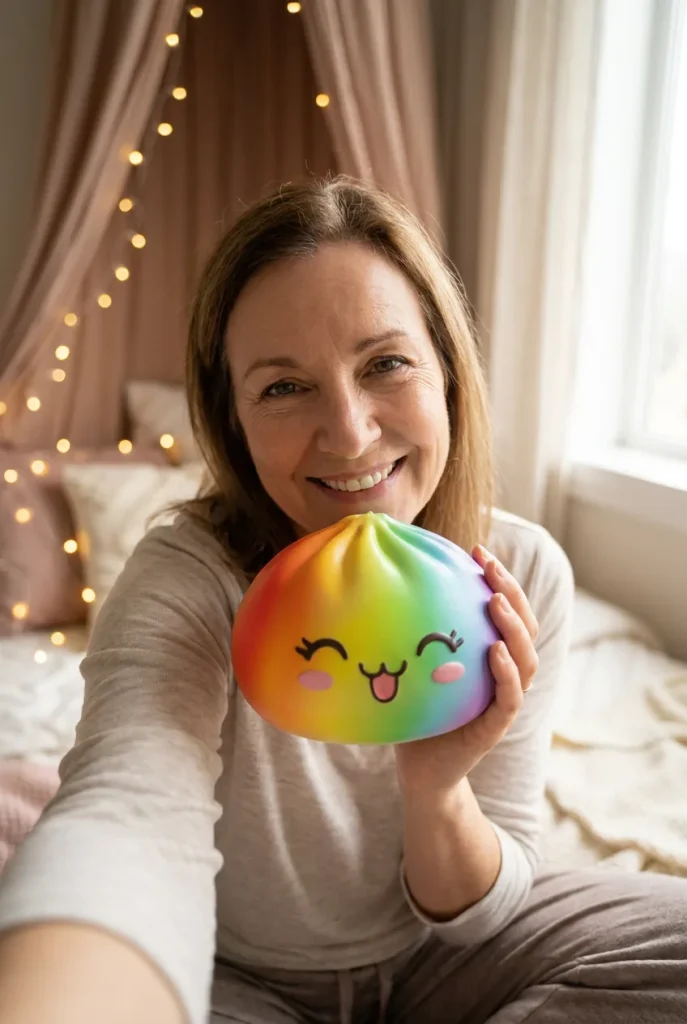 Rare Dumpling Squishy Sateenkaari kasvojen lähellä — asiakaskuva