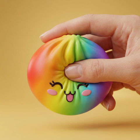 Rare Dumpling Squishy Sateenkaari puristettuna kädessä, squishy-materiaali