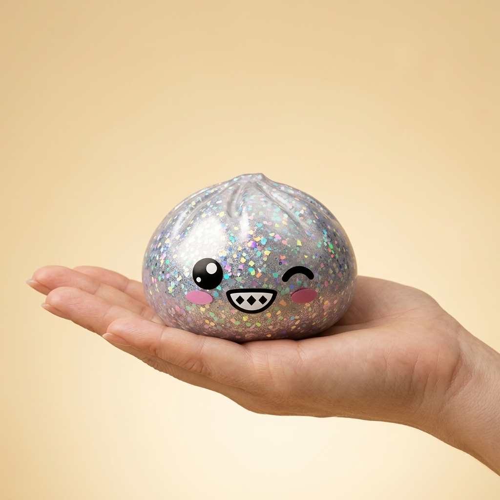 Rare Dumpling Squishy Hopeanhohtoinen kädessä, todellinen koko