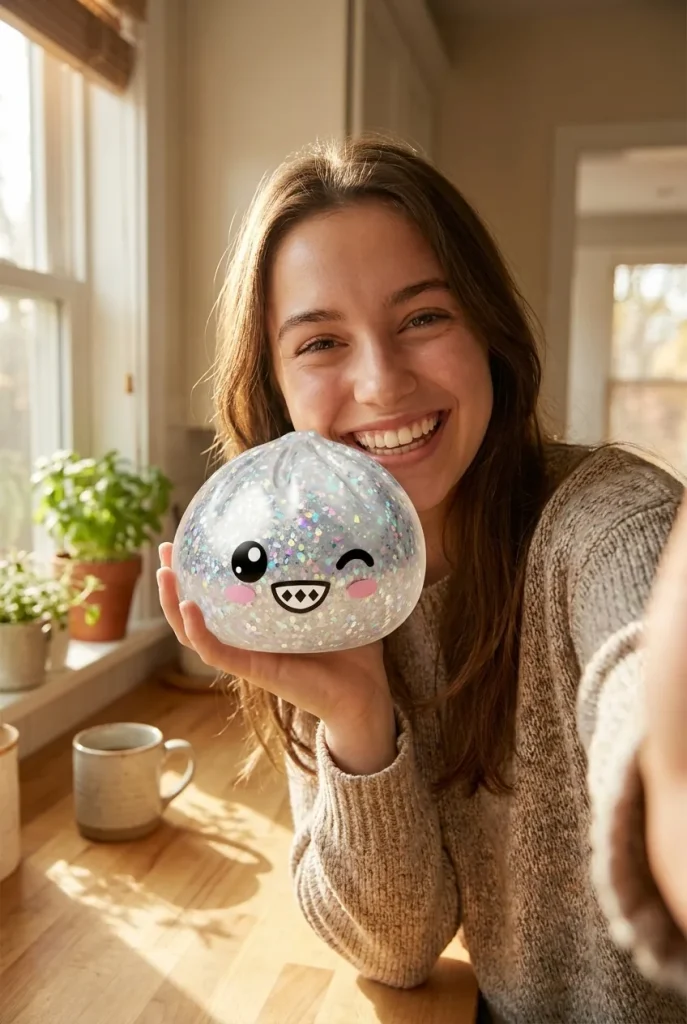 Rare Dumpling Squishy Hopeanhohtoinen kasvojen lähellä — asiakaskuva