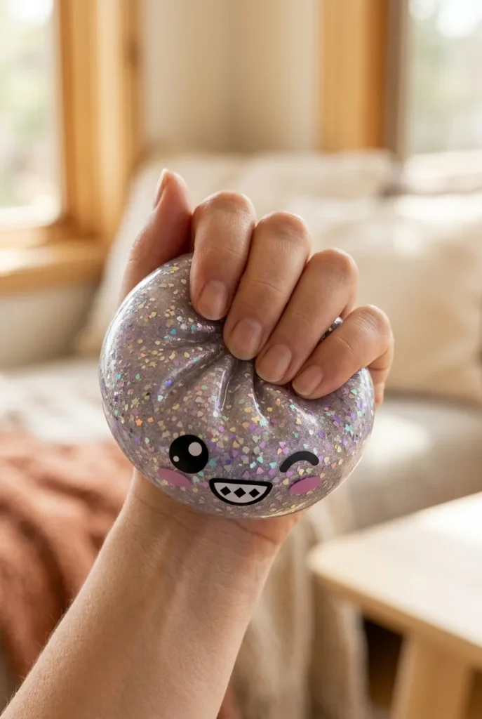 Rare Dumpling Squishy Hopeanhohtoinen sormien välissä — asiakaskuva