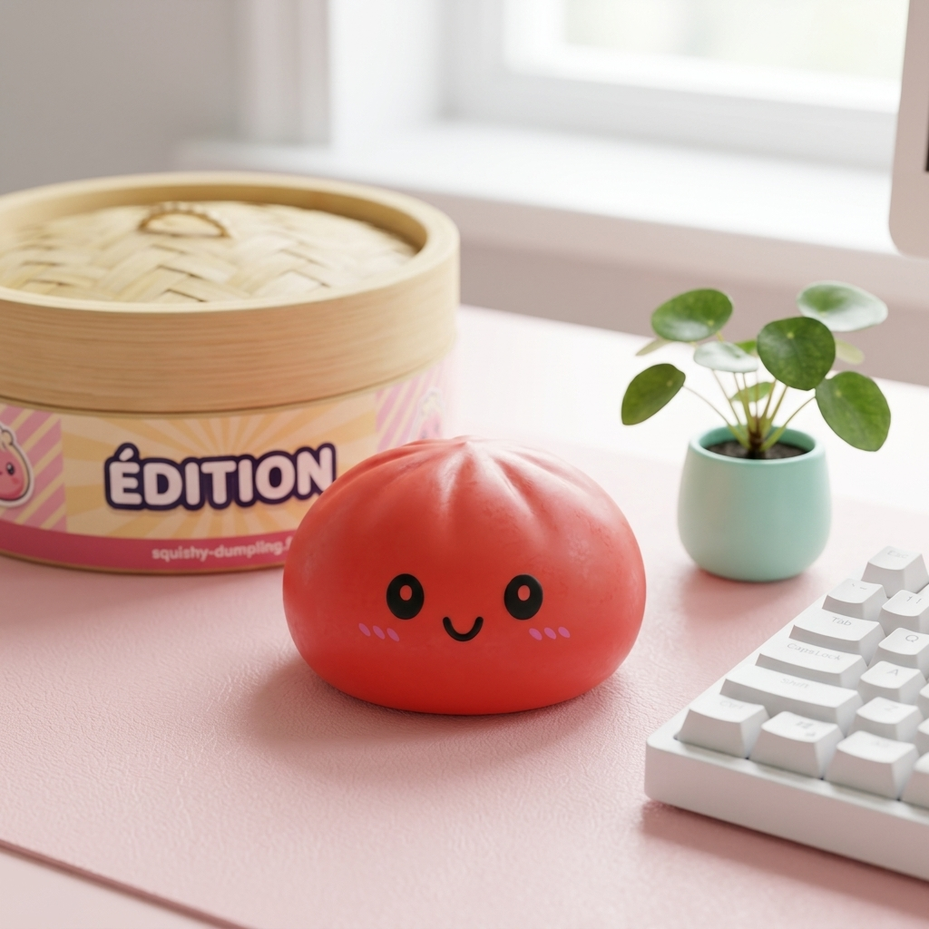 Dumpling Squishy Kirsikanpunainen tunnelmakuvassa työpöydällä