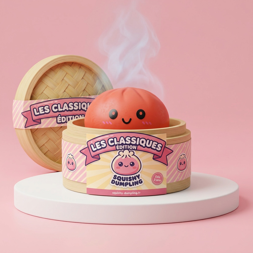 Dumpling Squishy Kirsikanpunainen bambutyylisessä höyrykorirasiassaan