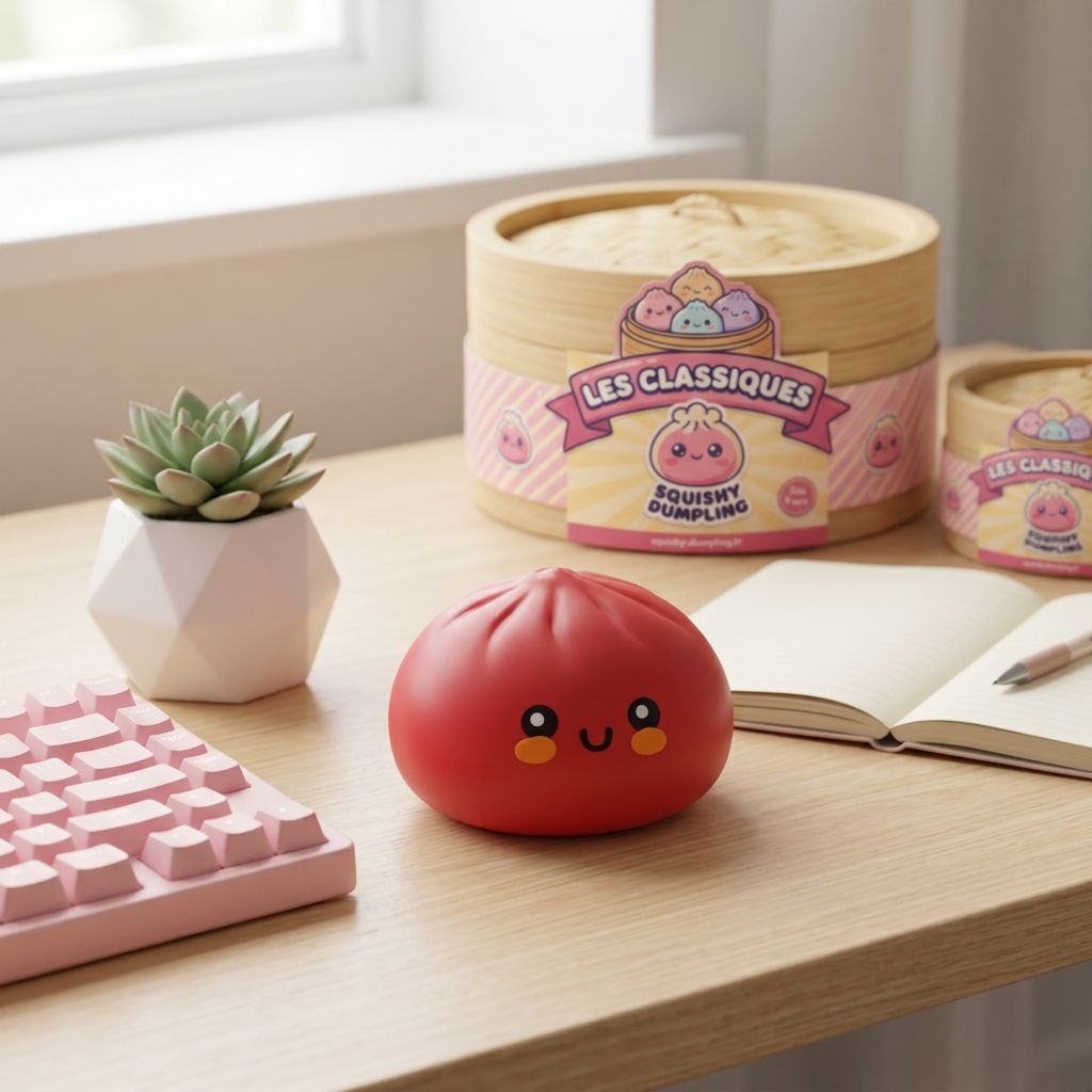 Dumpling Squishy Punainen Bambukorissa arkisessa asetelmassa