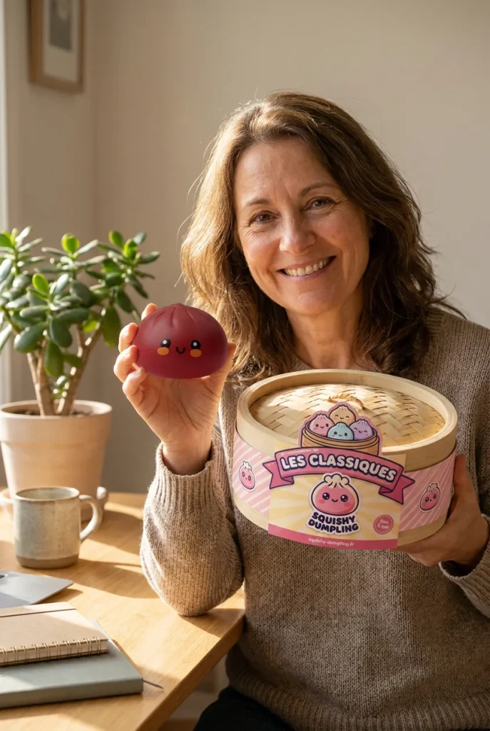 Dumpling Squishy Punainen Bambukorissa pakkauksensa kanssa