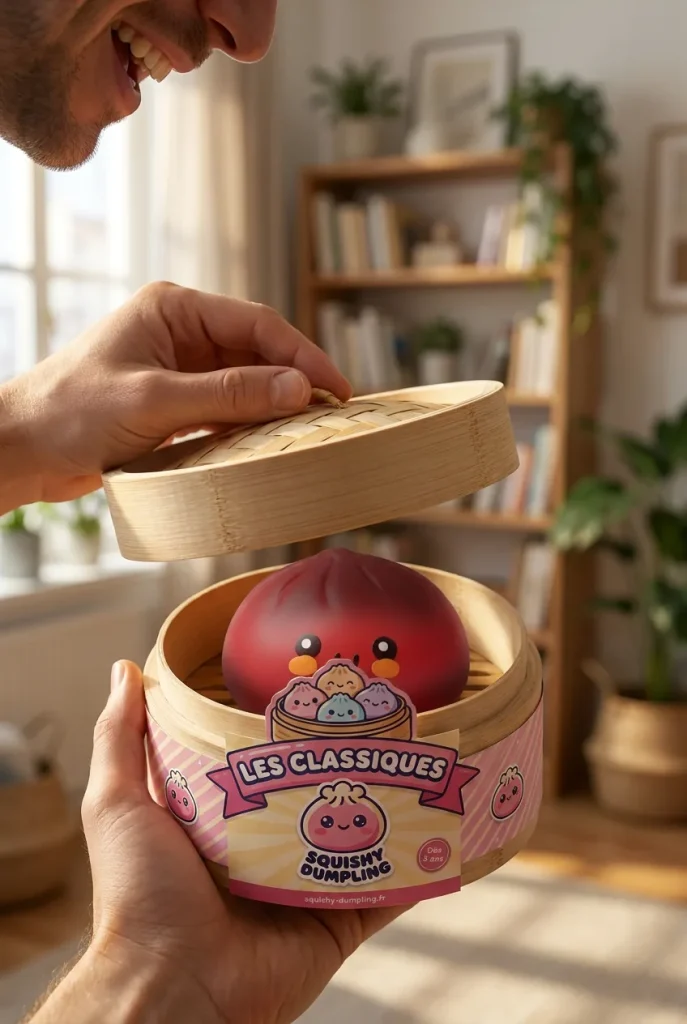 Dumpling Squishy Punainen Bambukorissa avauksen hetkellä