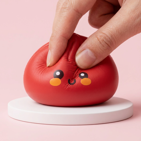 Dumpling Squishy Punainen Bambukorissa puristettuna kädessä