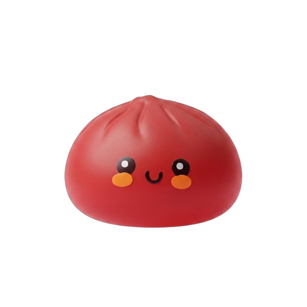Dumpling Squishy Punainen Bambukorissa puristettuna kädessä