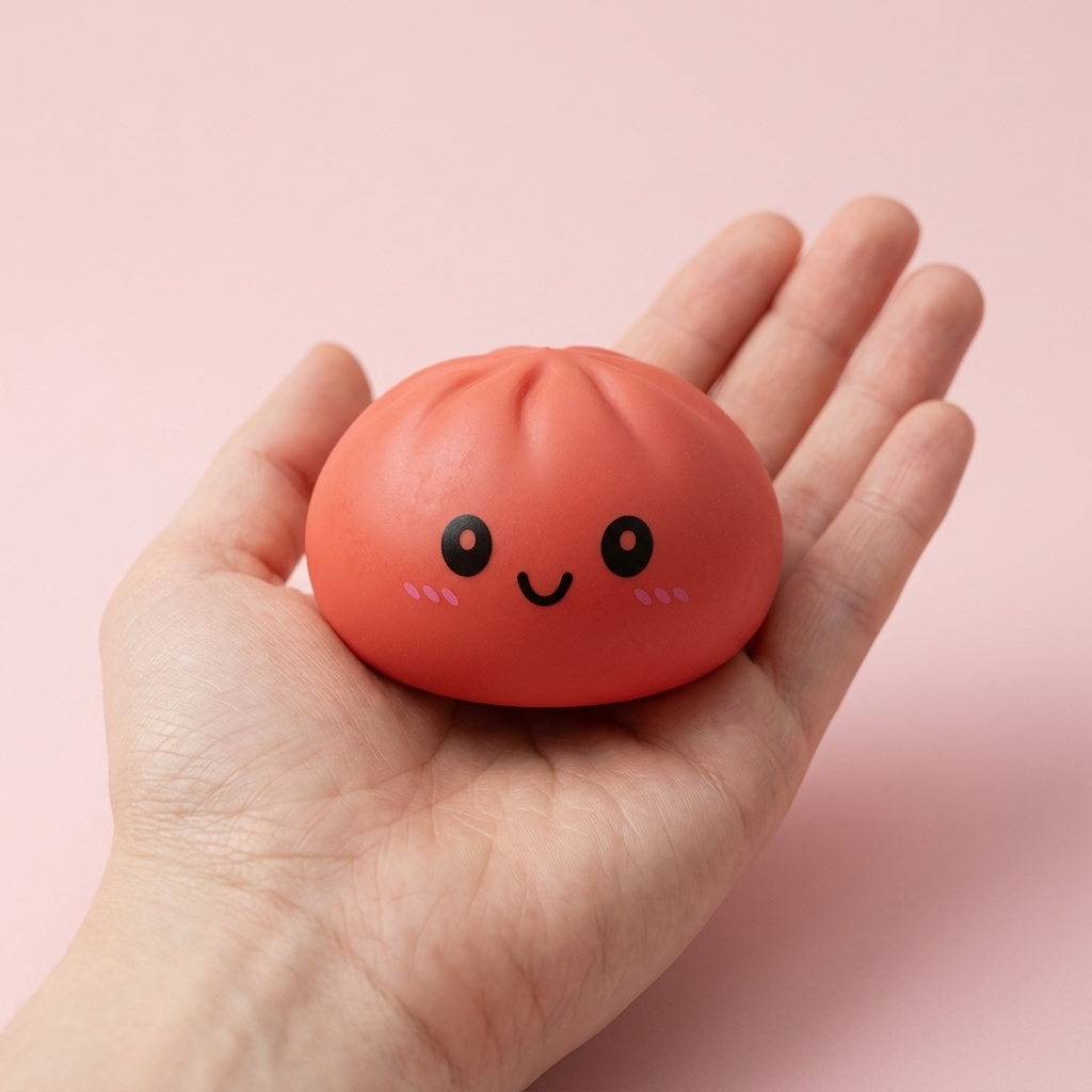 Dumpling Squishy Kirsikanpunainen kädessä, todellinen koko