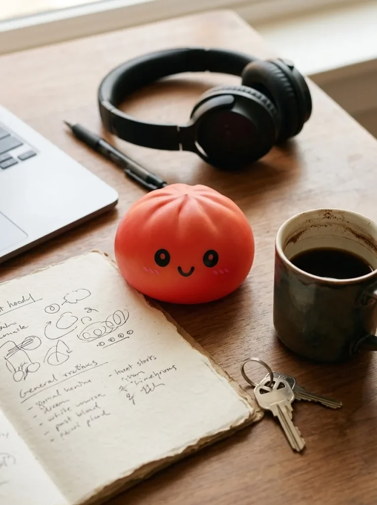 Dumpling Squishy Kirsikanpunainen työpöydällä — asiakaskuva