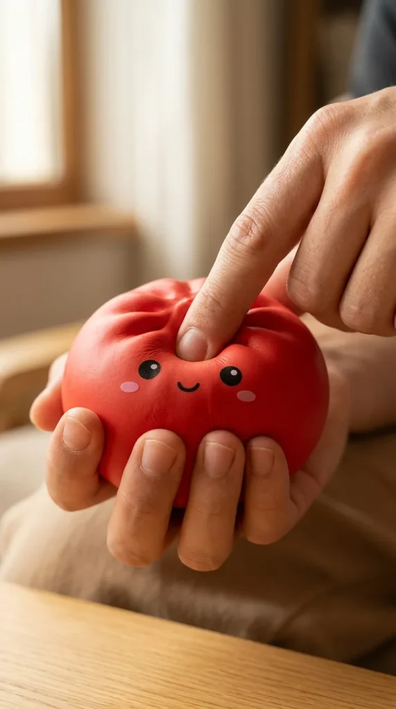 Dumpling Squishy Kirsikanpunainen sormien välissä — asiakaskuva
