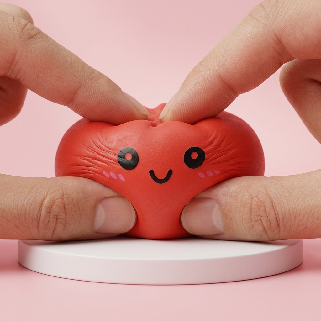 Dumpling Squishy Kirsikanpunainen puristettuna kädessä, squishy-materiaali
