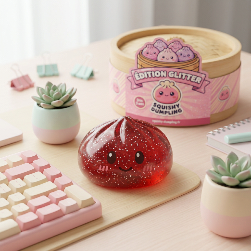 Glitter Dumpling Squishy Punainen Onni tunnelmakuvassa työpöydällä