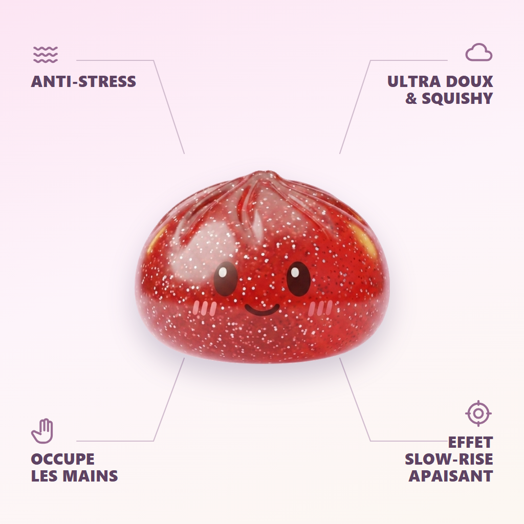 Glitter Dumpling Squishy Punainen Onni — antistress, ultrapehmeä, slow-rise