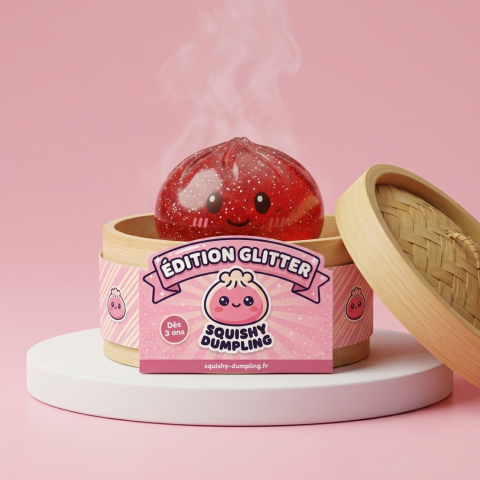 Glitter Dumpling Squishy Punainen Onni bambutyylisessä höyrykorirasiassaan