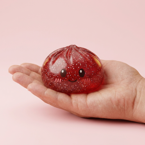 Glitter Dumpling Squishy Punainen Onni kädessä, todellinen koko
