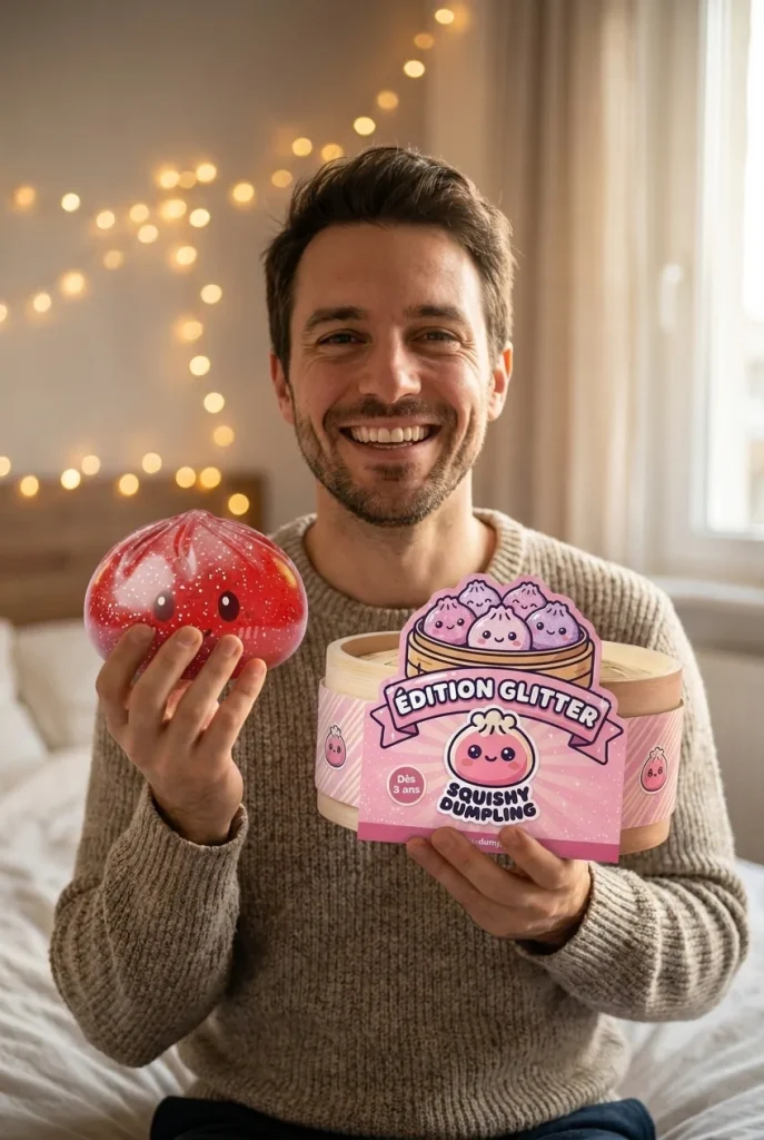 Glitter Dumpling Squishy Punainen Onni ja bambutyylinen höyrykori — asiakaskuva