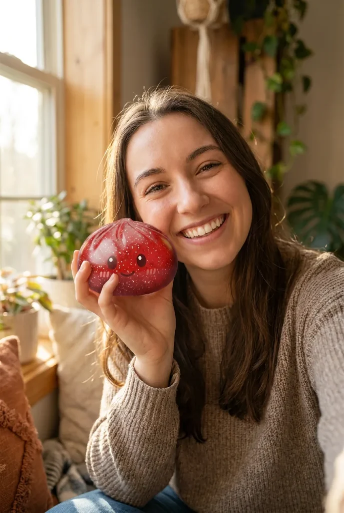 Glitter Dumpling Squishy Punainen Onni kasvojen lähellä — asiakaskuva