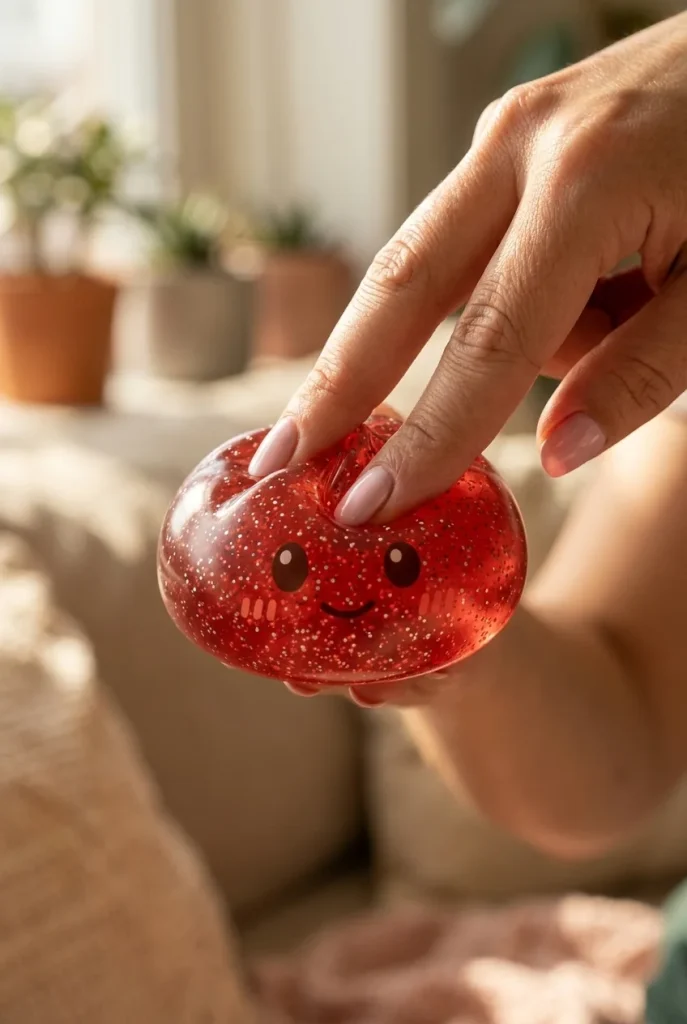 Glitter Dumpling Squishy Punainen Onni sormien välissä — asiakaskuva
