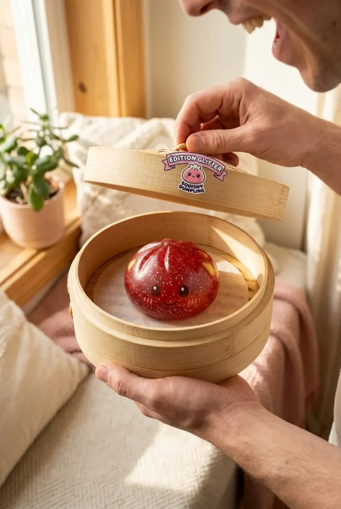 Glitter Dumpling Squishy Punainen Onni — unboxing, asiakaskuva